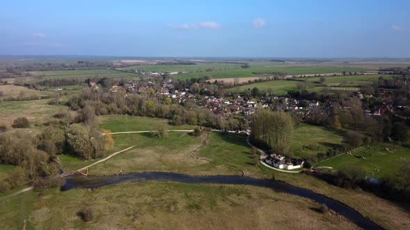 Aerial view of Chilbolton village in England. Small quaint British town