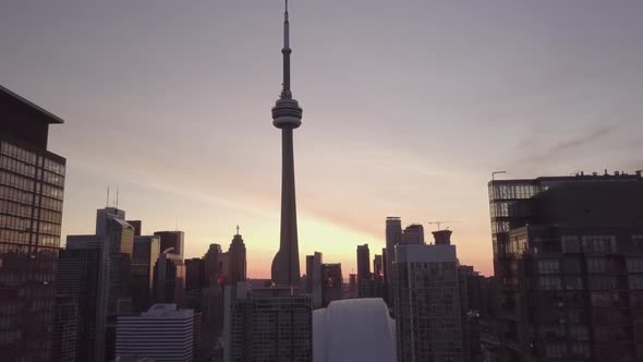 cn tower sunrise dolly aerial shot