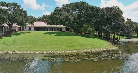 Drone view of homes off lake in Baton Rouge, Louisiana