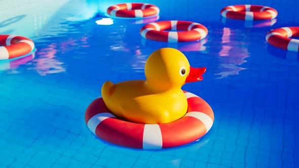 Yellow rubber duck on life ring floating in the swimming pool. Relaxation zone.