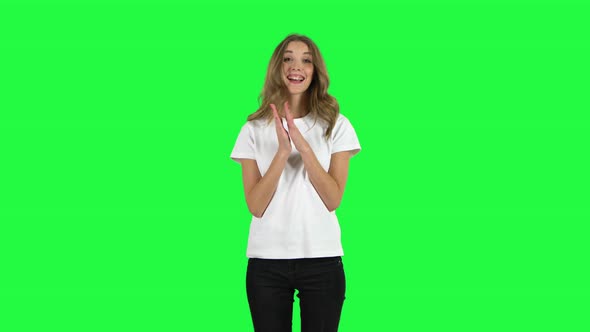 Lovable Girl Claps Her Hands with Wow Happy Joy and Delight. Green Screen