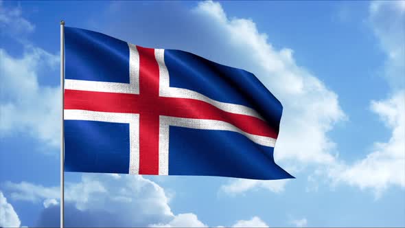 Iceland Flag Waving in the Wind with Cloud Background Animation