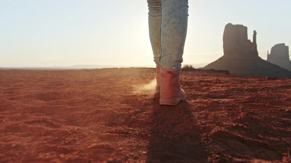 Slow Motion Close Up Boots of Adventurous Female Hiking Uphill Morning Sunrise