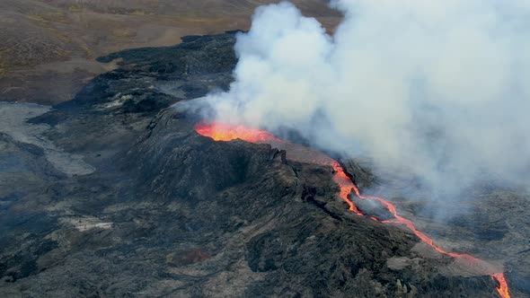 Aerial view of a volcanic eruption near Grindavik, Iceland