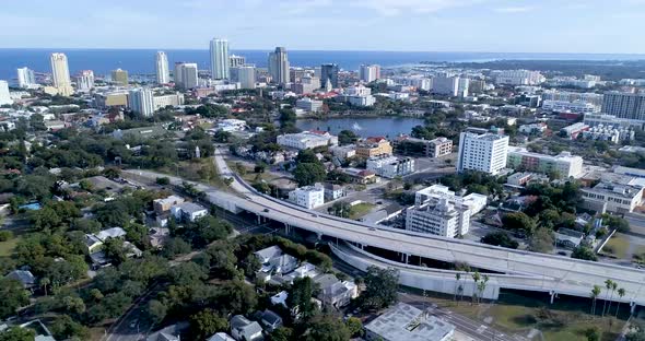 4K Aerial Video of Downtown St Petersburg, Florida Looking South East from I-375