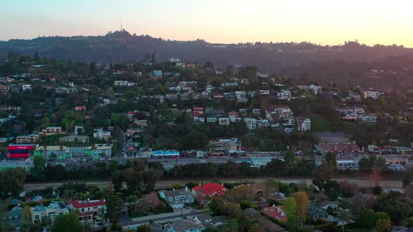 Aerial: view on the mountains in Los Angeles, Hollywood area, suburbs California, USA