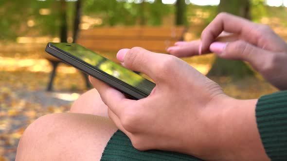 A Young Asian Woman Works on A Smartphone in A Park on A Sunny Day