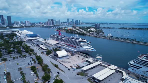 Cityscape Miami Florida United States. Cruise ship at Port of Miami.