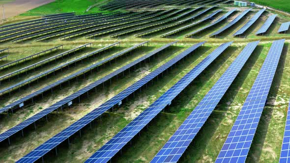 Solar Panels on field in summer, aerial view, Poland