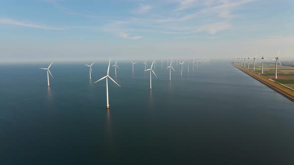 Wind Turbine From Aerial View Drone View at Windpark Westermeerdijk a Windmill Farm in the Lake