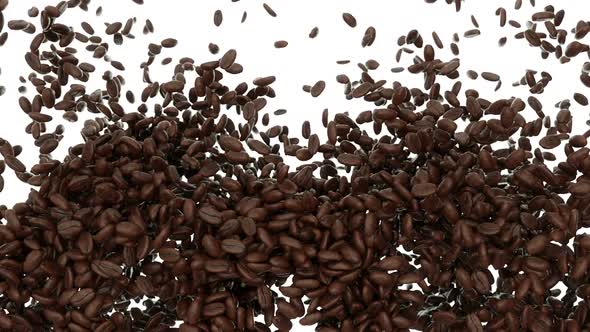 Roasted Coffee beans falling and mixing with slow motion. Alpha is included