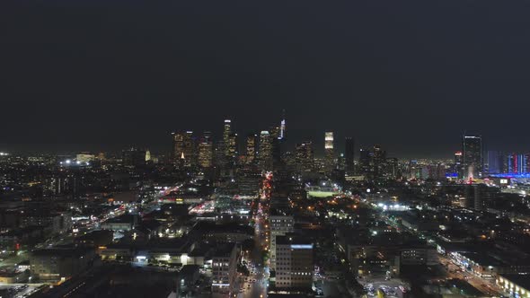 Los Angeles Downtown at Night, California, USA. Aerial View