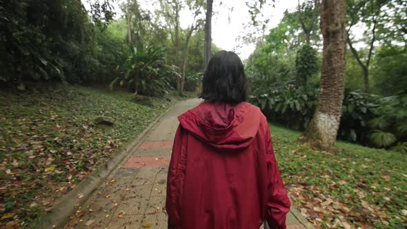 young girl walking down a leaves path dolly