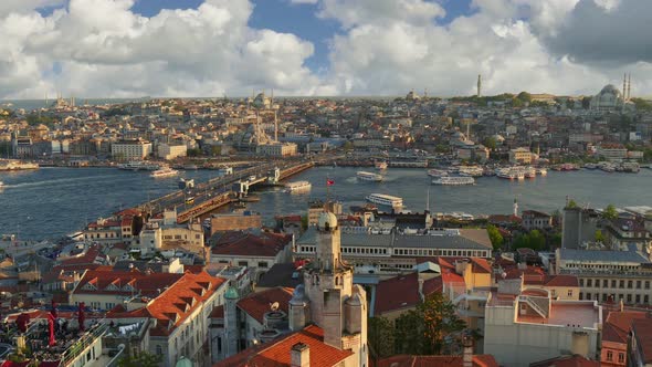 Istanbul, Turkey. Sunset View of Istanbul City Center From Galata Tower. Ferries Sail