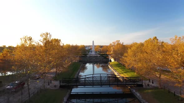 Yellow Fall Trees Suburbs Neighborhood Monument Sunset Drone 