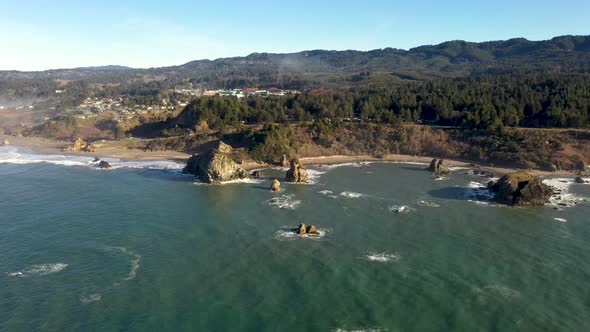 Aerial view of the Oregon Coastline in Brookings, Southern Oregon, USA. Beautiful seascape and beach