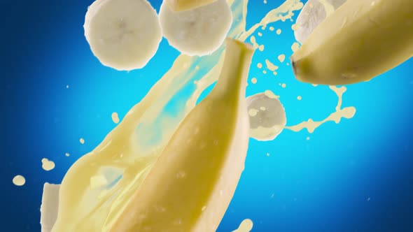 Banana with Slices Falling on Blue Background