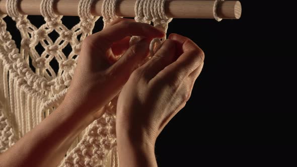 Weaving Macrame Pattern From Natural White Cotton Threads