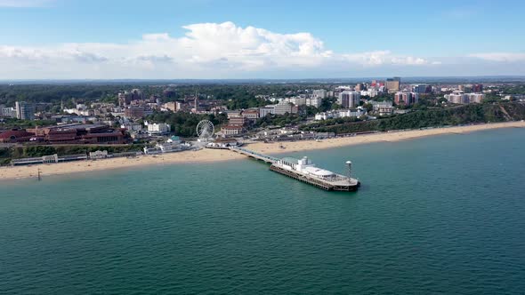 Aerial drone footage of the Bournemouth beach, Observation Wheel and Pier