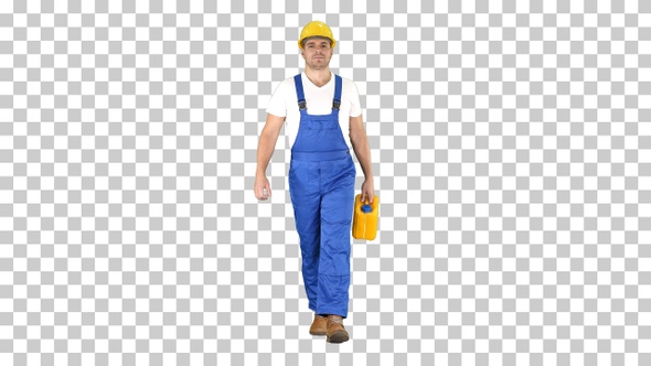 Construction worker in hard hat holding plastic canister and