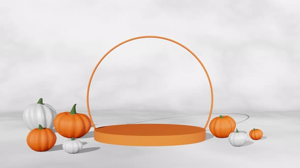 Halloween podium scene fall creative concept rotating pumpkins marble 3D animation loop Thanksgiving