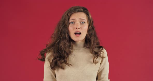 Female Studio Portrait Angry Caucasian Woman Frustrated Girl Screams From Stress Tension Problems