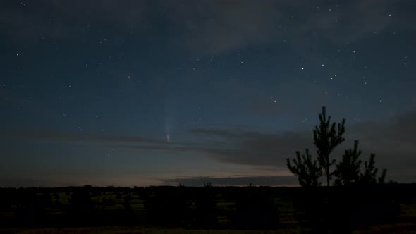 The Comet Moves Across the Night Sky Among the Stars