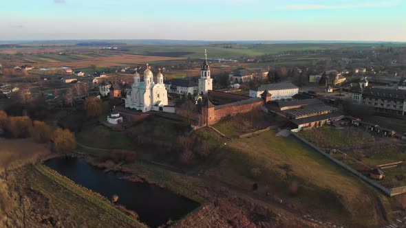 Beautiful view of Zimnensky Svyatogorsky monastery from above.