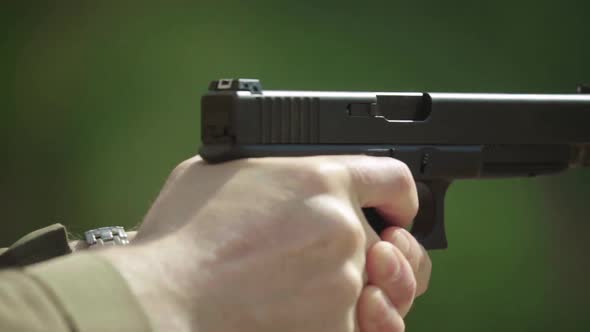 Close-up Shot of a Pistol. Slow Motion.