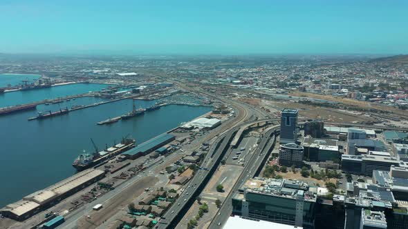 Scenic Aerial Wide Drone Shot Above Central Cape Town South Africa with Scenic View of Harbor and