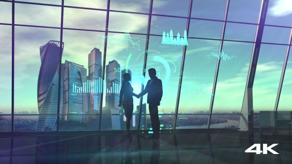 Businessmen Shake Hands In Office On Infographic Background 4K alt