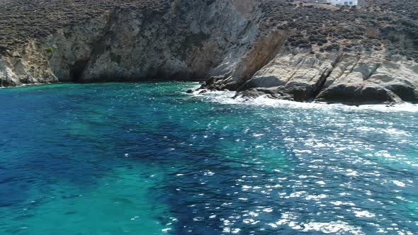 Psili Ammos beach on Serifos island in the Cyclades in Greece seen from the sky