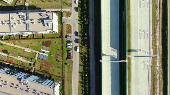 Drone shot highway motorway showing lanes with Tunnel and viaducts outside the city of Warsaw, Polan