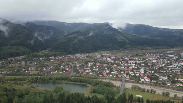 Aerial View of the Village in the Carpathian Mountains in Autumn. Ukraine