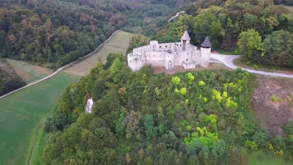 Aerial View of Ruins of Old Medieval Frankopan Fortress Novigrad and Countryside Landscape in