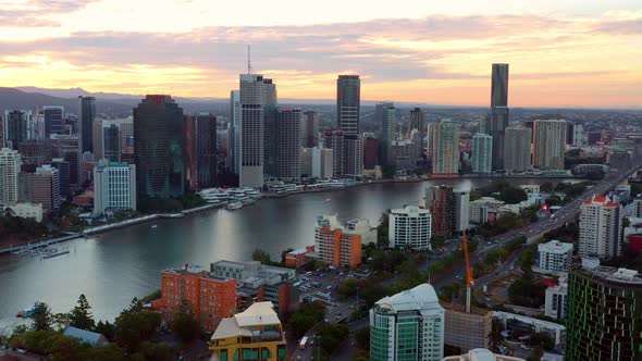 Panoramic View Of Southern Suburbs Of Kangaroo Point And Vehicles Traveling Across Story Bridge In B