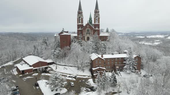 Aerial view of religious building on mountain in Wisconsin in winter.