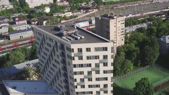 Drone Footage of Exterior Apartment Building. Development Infrastructure City for Big Population