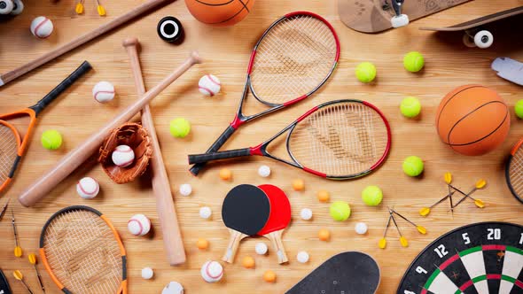 Huge variety of game equipment. Aerial view on a different kind of sports gear.