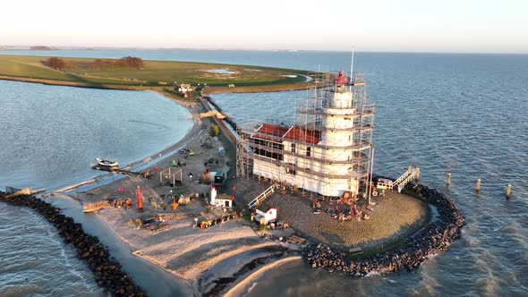 Aerial View of the Paard Van Marken at Sunrise Traditional Historic Monument Lighthouse on the