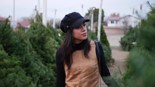 A hispanic woman shopping for a season holiday Christmas tree on a lot with many species of fir tree