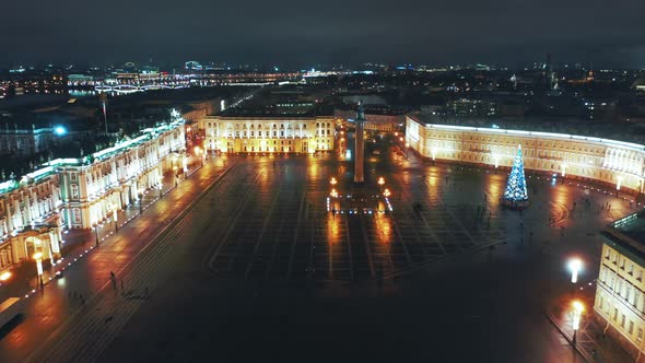 Aerial View To Palace Square with Winter Palace and Alexander Column in Background, St Petersburg