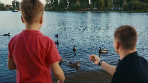 Father and Son Feeding Ducks