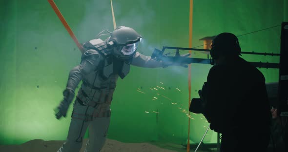 Shooting a Scene with an Astronaut Struggling Against the Wind