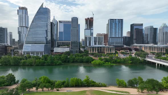 Beautiful cinematic shot of Austin skyline. Skyscrapers in urban downtown city center, home of tech