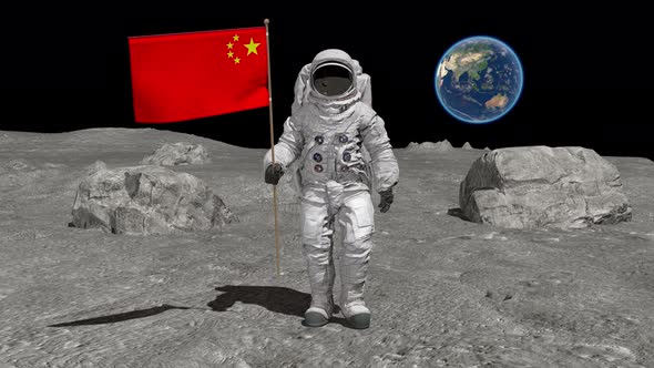 Astronaut Walking on the Moon with Chinese Flag