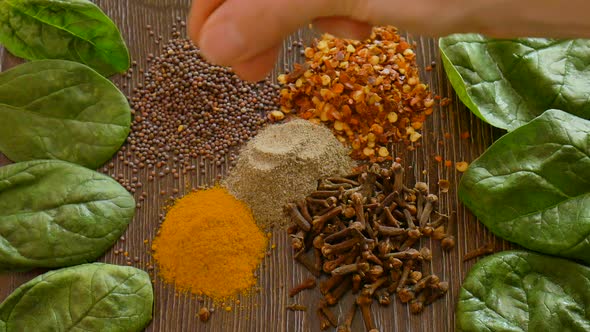 Female Hand Take a Pinch From Sorted Spices From Dark Wood Background Seasonings for Food