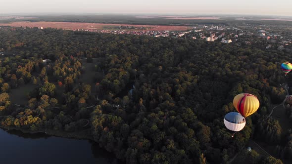 Beautiful balloons fly over the forest, park, city.