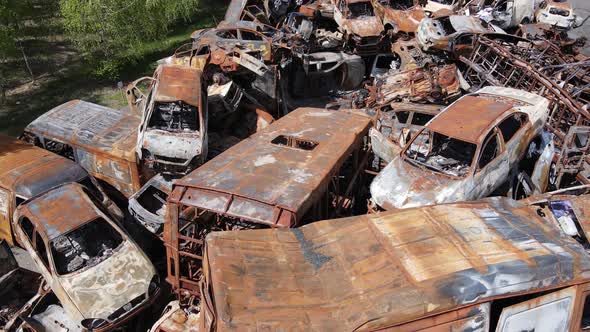 War in Ukraine a Dump of Shot and Burned Cars in the City of Irpen Near Kyiv