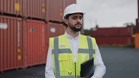 Portrait of Man in Safety Helmet Standing on Cargo Harbor